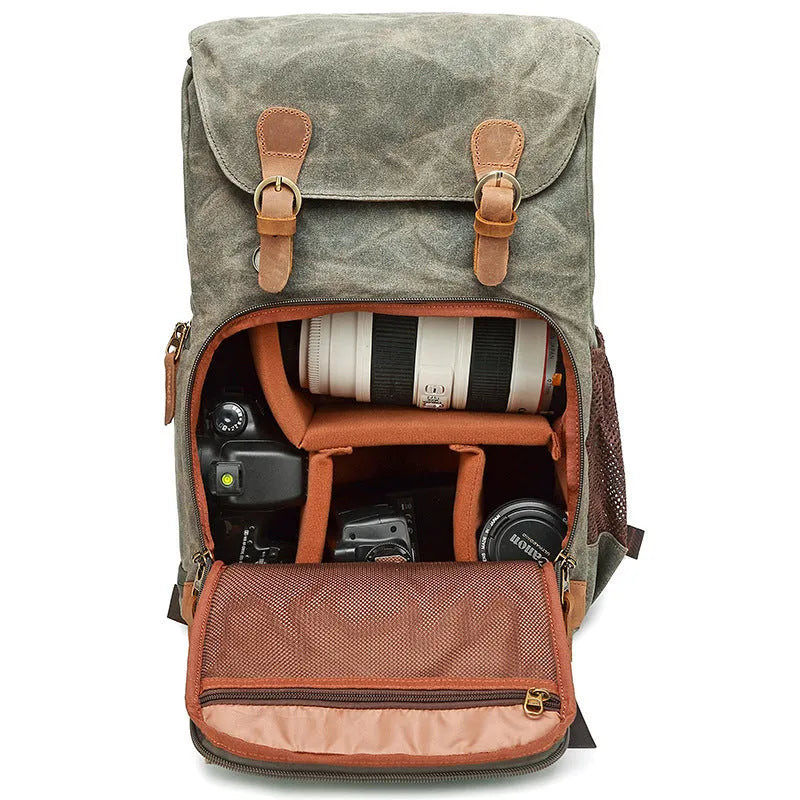 Canvas DSLR camera backpack in khaki colour with backpack straps and multi-functional design