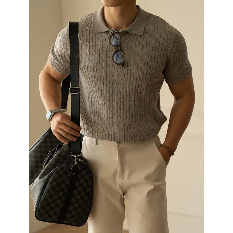 Men's short sleeve business commute top in khaki colour with four-fabric blend construction