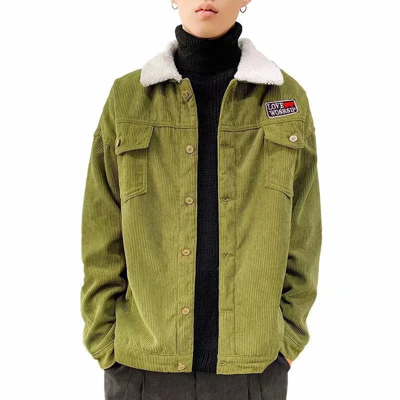 Men's loose fit corduroy workwear jacket in khaki, shown with a stick pocket and regular sleeves.