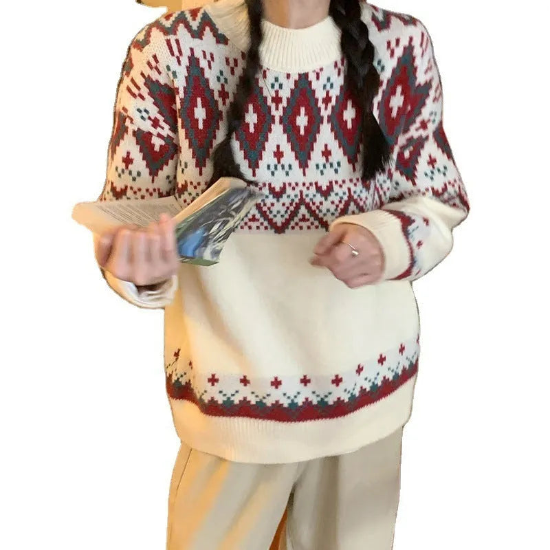 Striped retro loose fit pullover knitted top with long sleeves in white or red