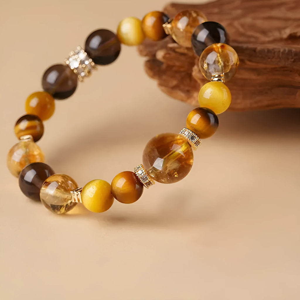 Yellow crystal tiger-eye bracelet with geometric tower beads in 10mm and 12mm size options