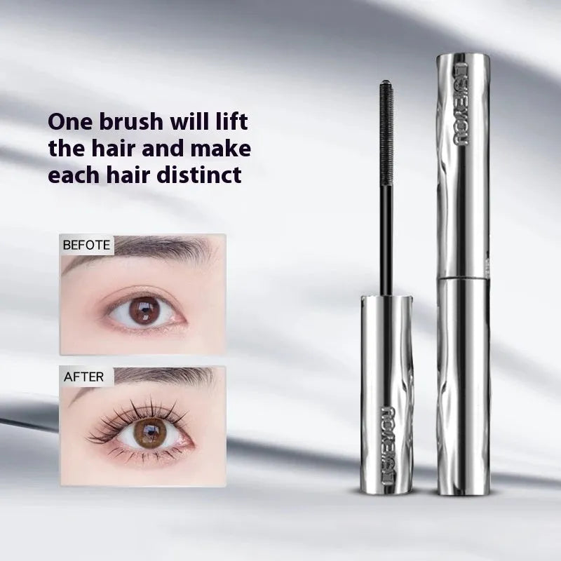 Black and brown waterproof mascara in a steel tube, shown with an optional eyelash curler.