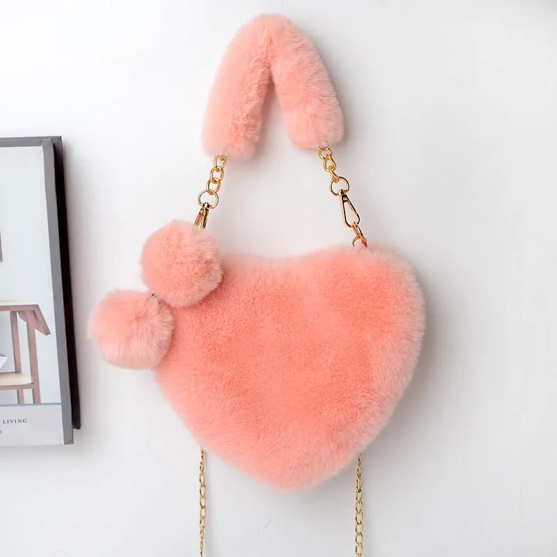Heart-shaped plush women's handbag with shoulder strap in Valentine red colour