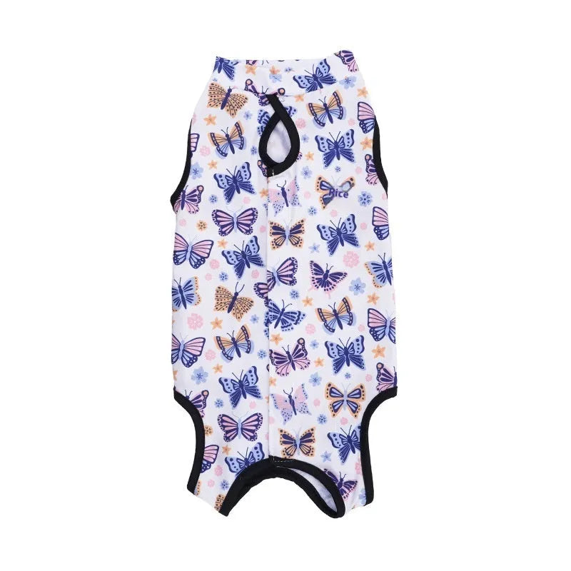 Cat wearing a sterilisation recovery suit with Velcro fastening and a printed pattern design