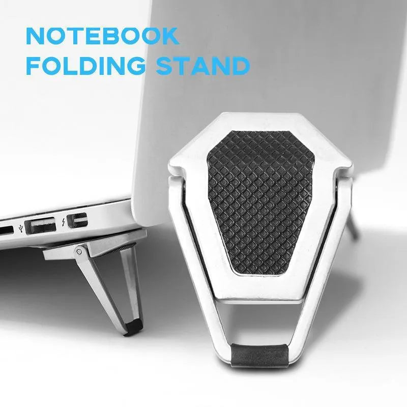 Portable aluminium alloy folding laptop bracket in silver and white colours with 3M adhesive backing
