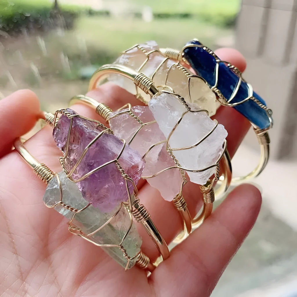 Geometric natural crystal bracelet with gold wire winding in mixed colours