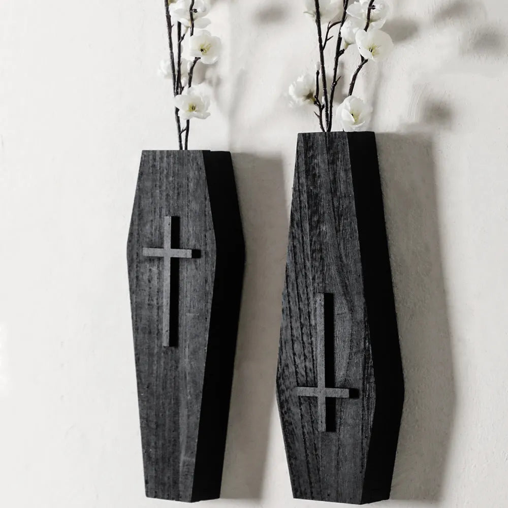 Wooden cross wall vase shelf measuring 27 by 9 centimetres in traditional design