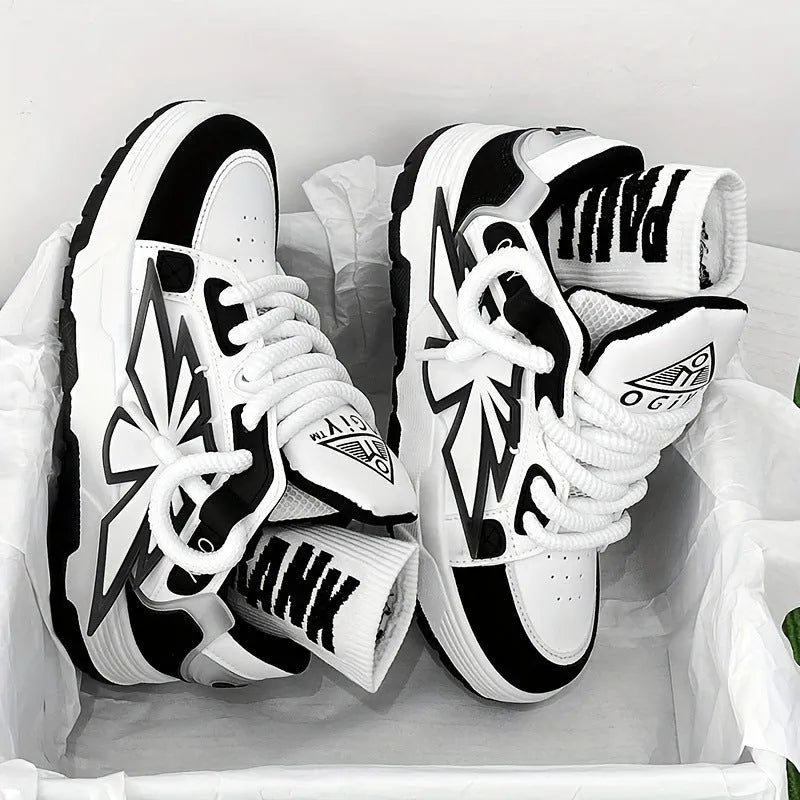 Men's white clunky sneakers with thick rubber sole and round toe lace-up design
