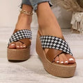 Women's cross leopard plaid wedge sandals in rubber with sticky sole, black or brown pattern, casual leisure footwear