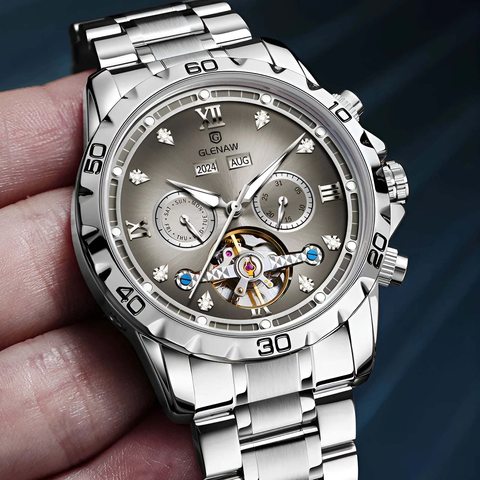Men's automatic mechanical watch with stainless steel strap and mineral glass face