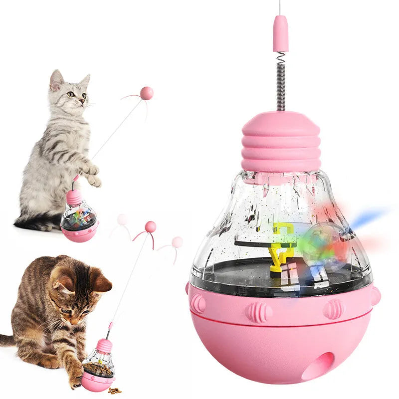 Electric yellow cat wand toy with plastic ball, ribbon teaser, and slow feeder compartment