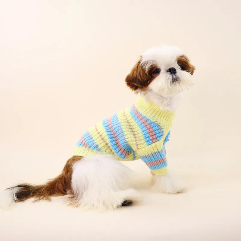 Blue and yellow striped dog sweater for small breeds shown on mannequin