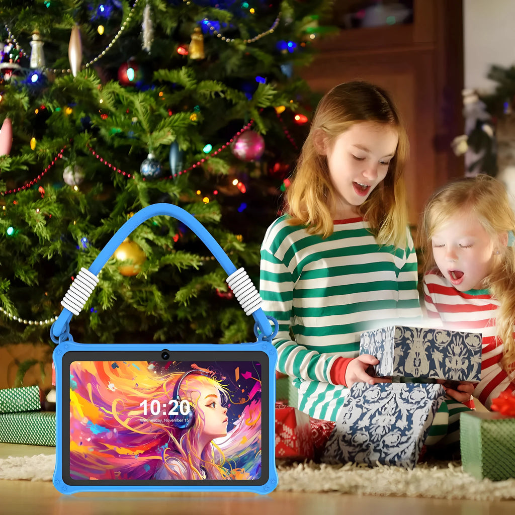 Sapphire blue silicone protective case for 7-inch children's tablet with flat carrying strap