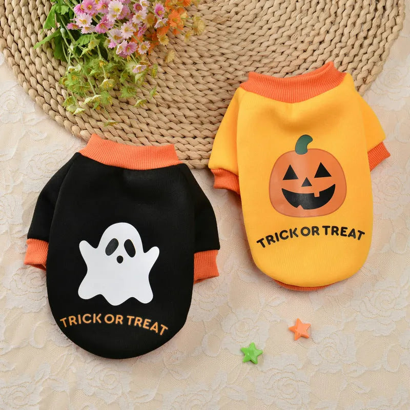 Halloween pumpkin skull pet sweater for small dogs, polyester cartoon jumper in yellow black purple, sizes XS to XL