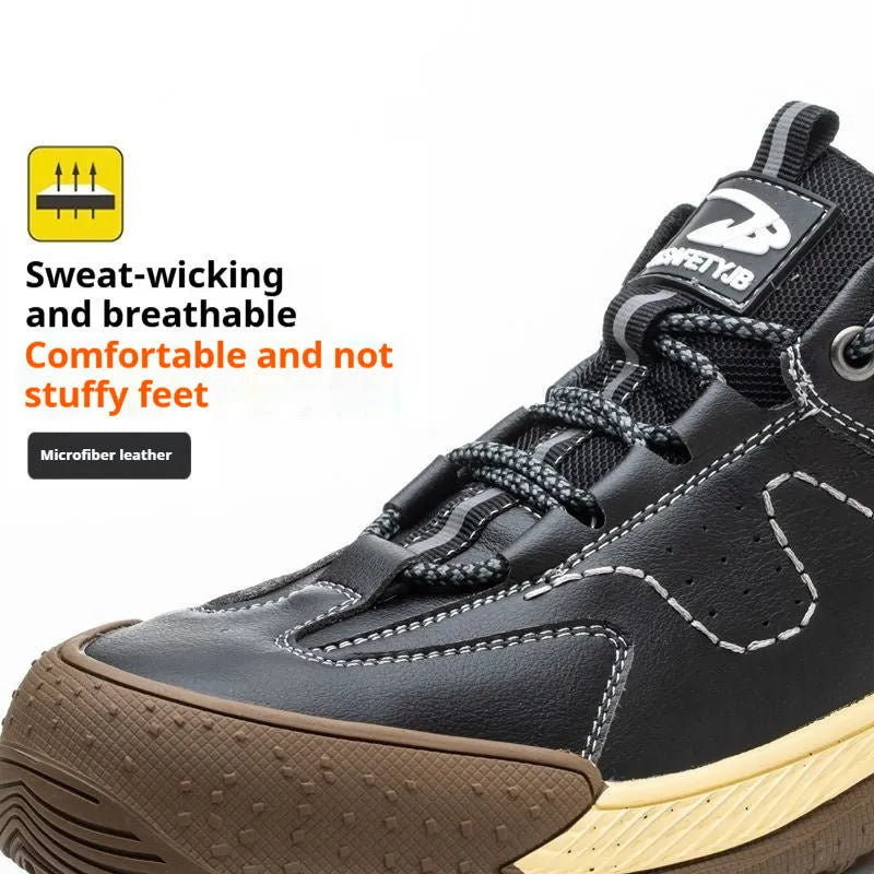 Flyknit leather safety work shoes with rubber sole in black, shown in a side profile.