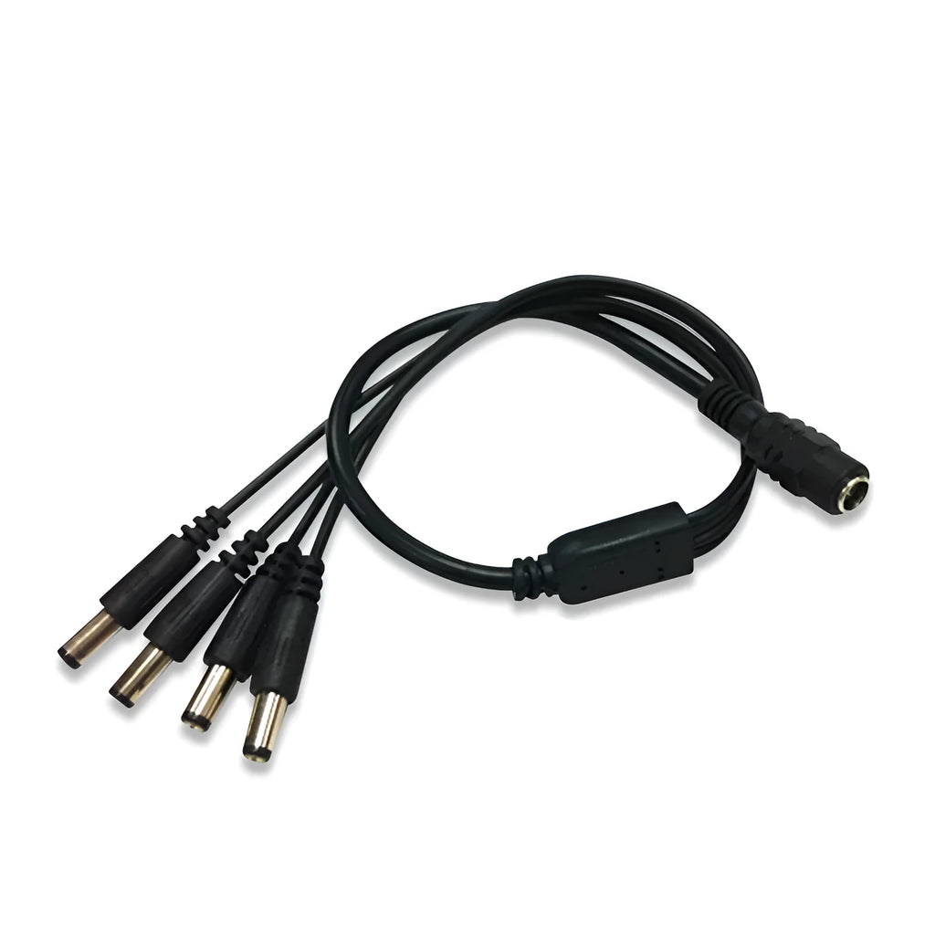 Black DC monitoring power cord with one-to-four splitter, 0.39 metres long with 5.5mm connectors