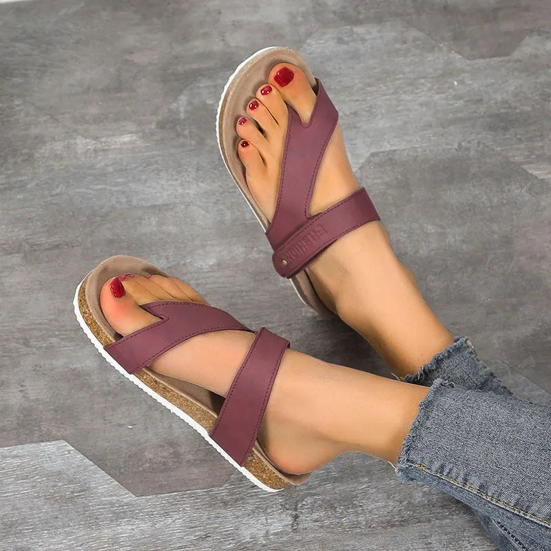 Women's blue thick-soled flip-flops with flat toe ring design on artificial PU upper
