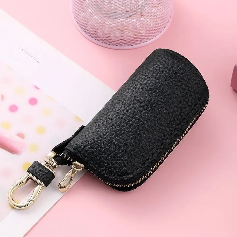 Black waterproof PU leather key case with zipper closure for car keys and small essentials