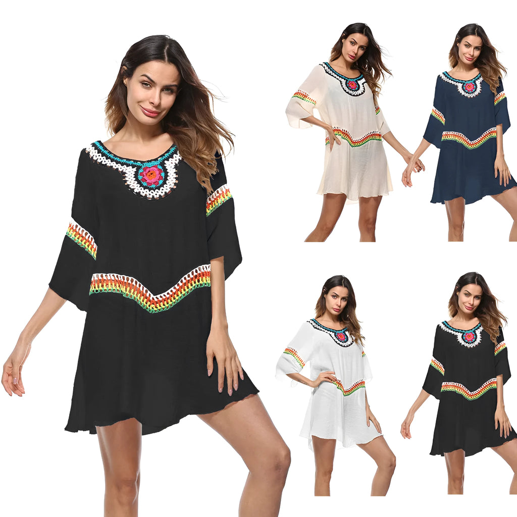 Woman's ethnic crochet beach cover-up top in apricot colour, free size, for sun protection.