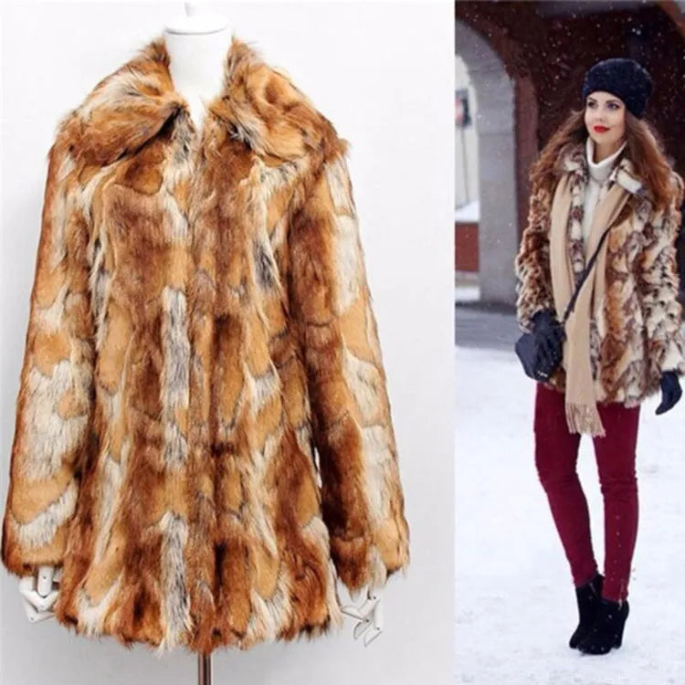 Women's faux fur leather jacket with a bold tiger pattern, long sleeves, and a medium length fit.