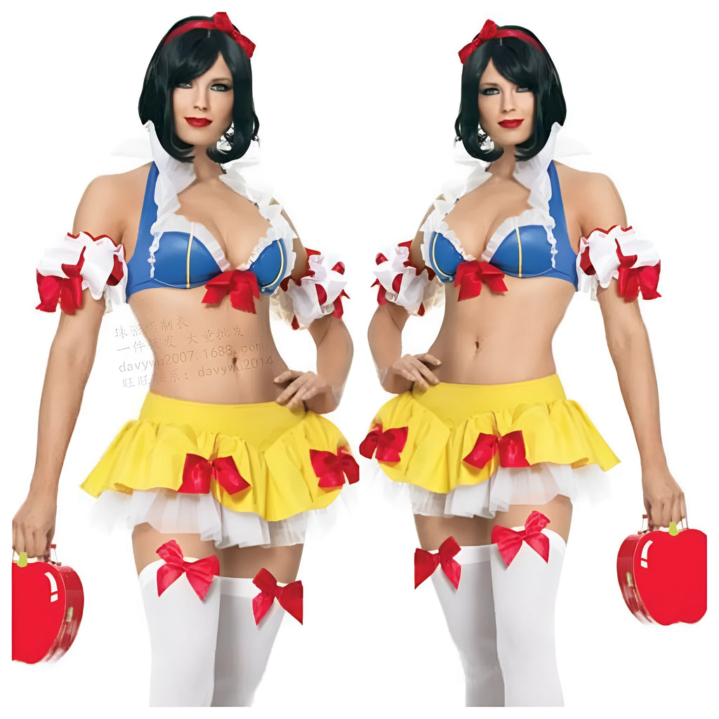 Anime Snow White Halloween costume set showing headdress, top, short skirt, and sleeves on a mannequin.