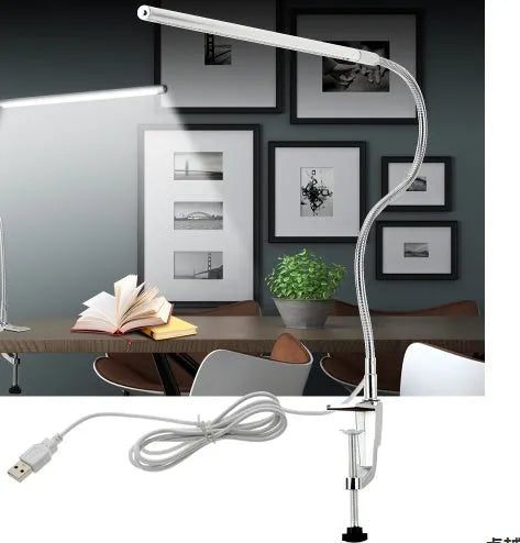 Silver LED nail lighting table lamp with clip attachment and USB cable