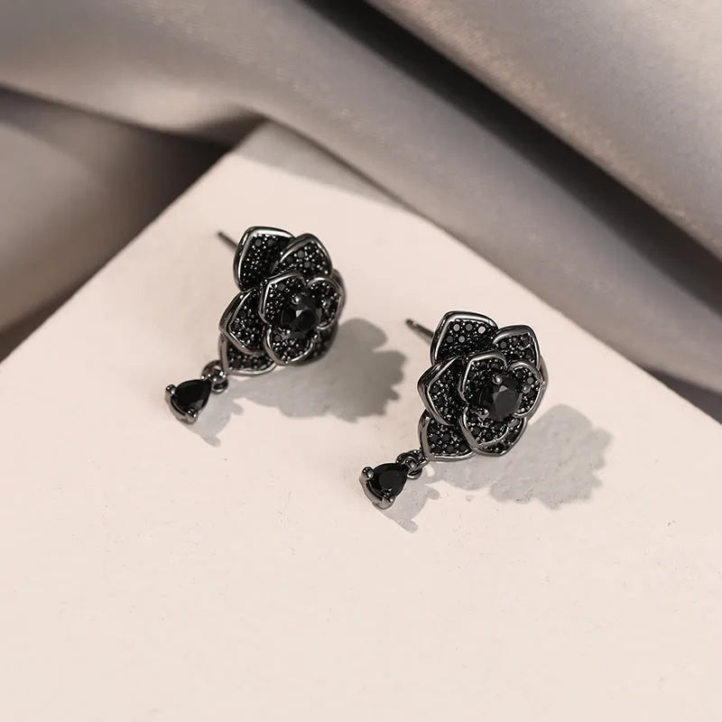 Black rose zircon stud earrings with flower shaped design on copper base