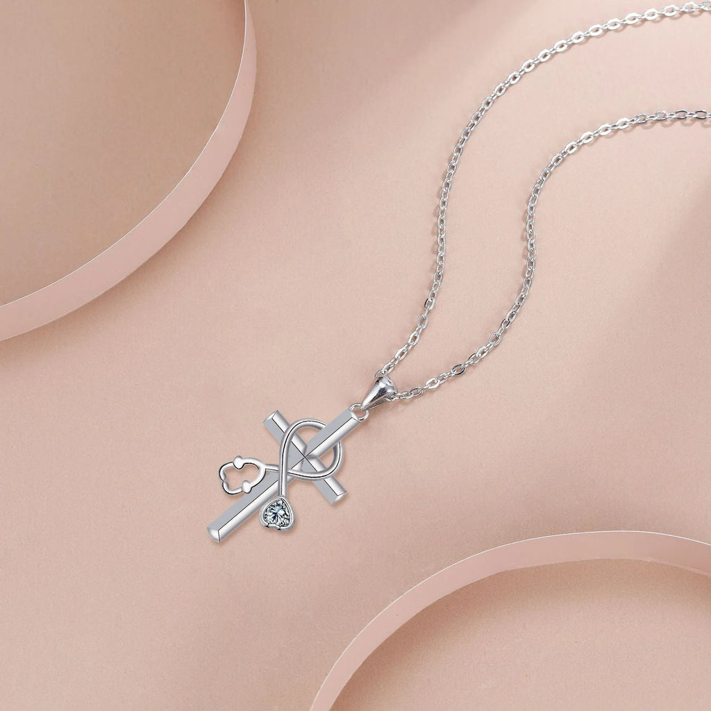 Copper stethoscope pendant necklace with electroplated finish on cross chain