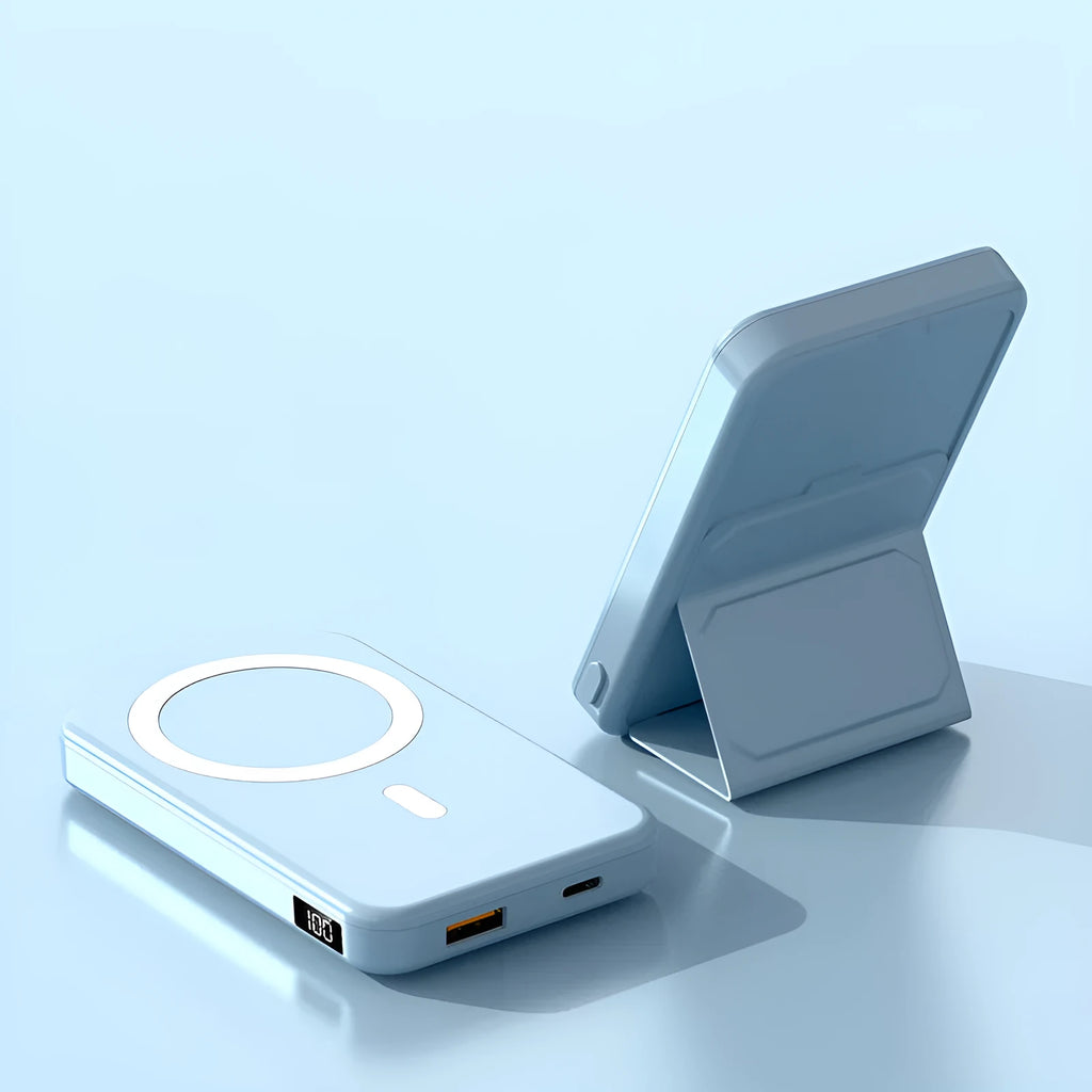 Magnetic wireless charging power bank with folding stand in Pearl White colour