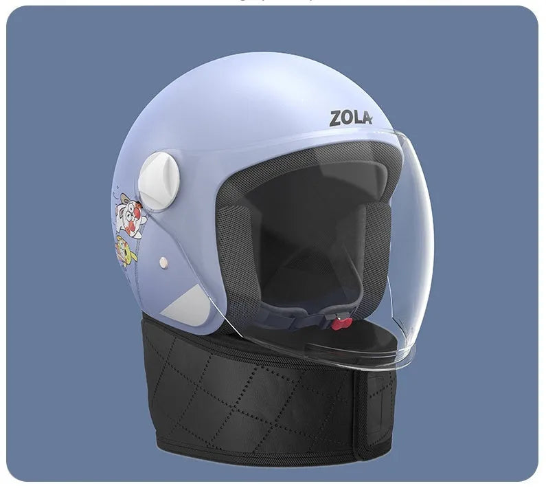 Blue winter electric bicycle helmet with attached ear scarf and a clear anti-fog visor.
