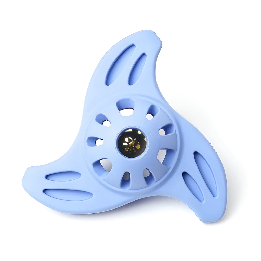 Blue boomerang-shaped dog toy with molar texture for medium and large breed dogs