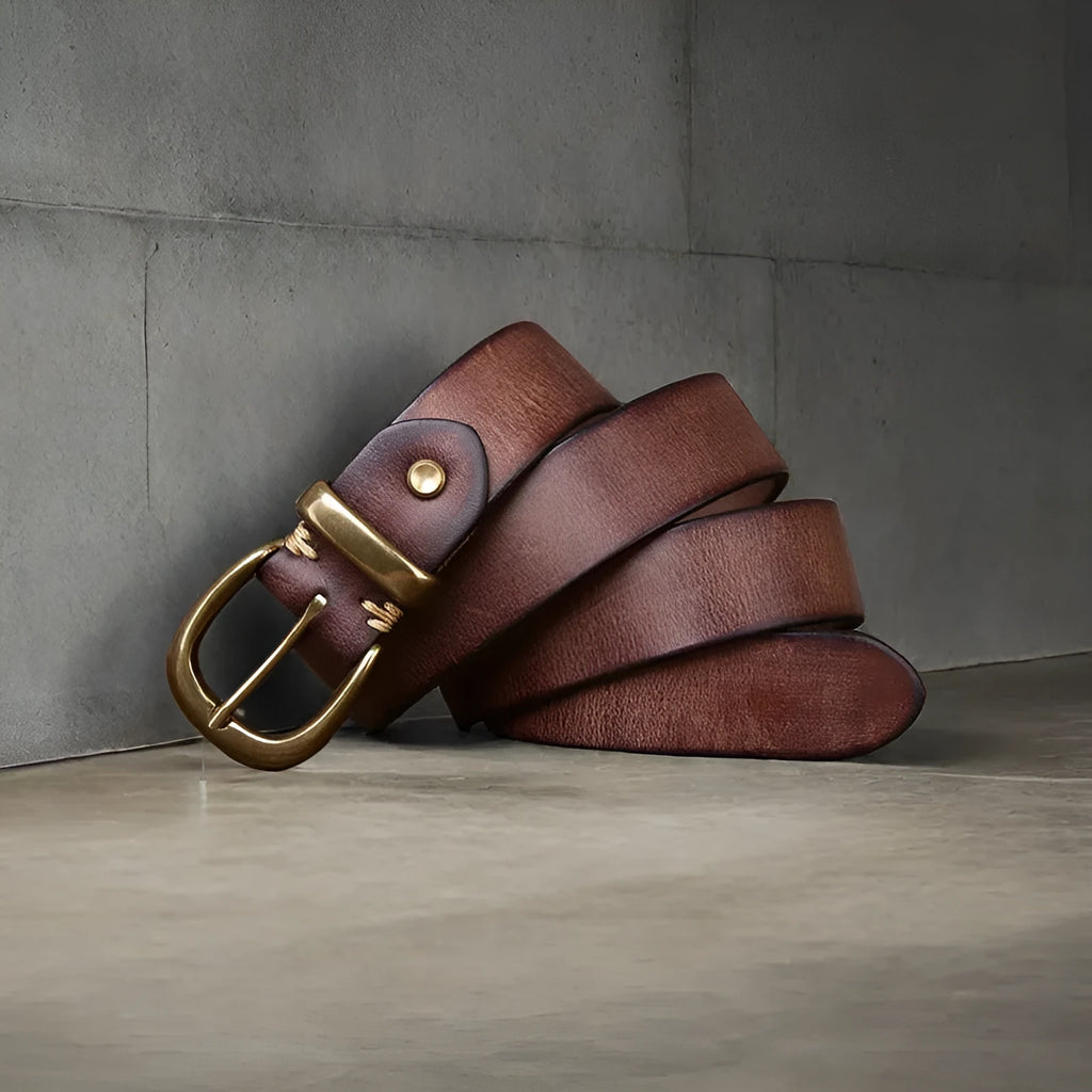 Men's cattlehide leather casual belt with copper pin buckle in black brown khaki colours