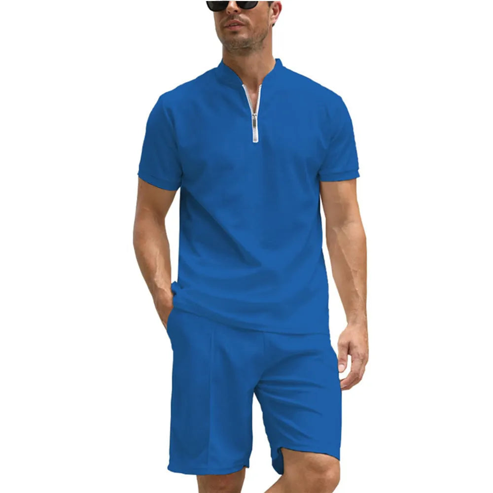 Men's solid colour polo shirt and trousers two-piece set in beaded bird's eye polyester fabric