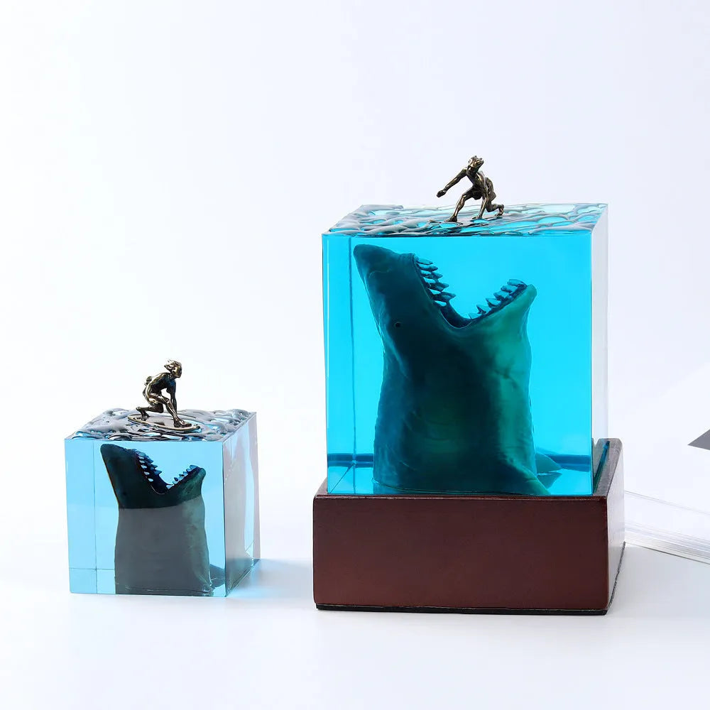 Surfing shark micro landscape resin night light ornament on wooden surface