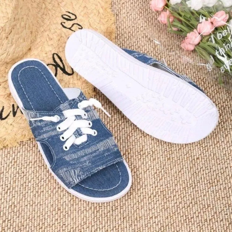 Blue Roman-style women's flat canvas slippers with cloth upper and rubber sole