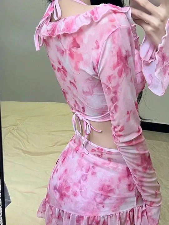Women's cherry blossom pink floral bikini swimwear set for beach and hot spring use