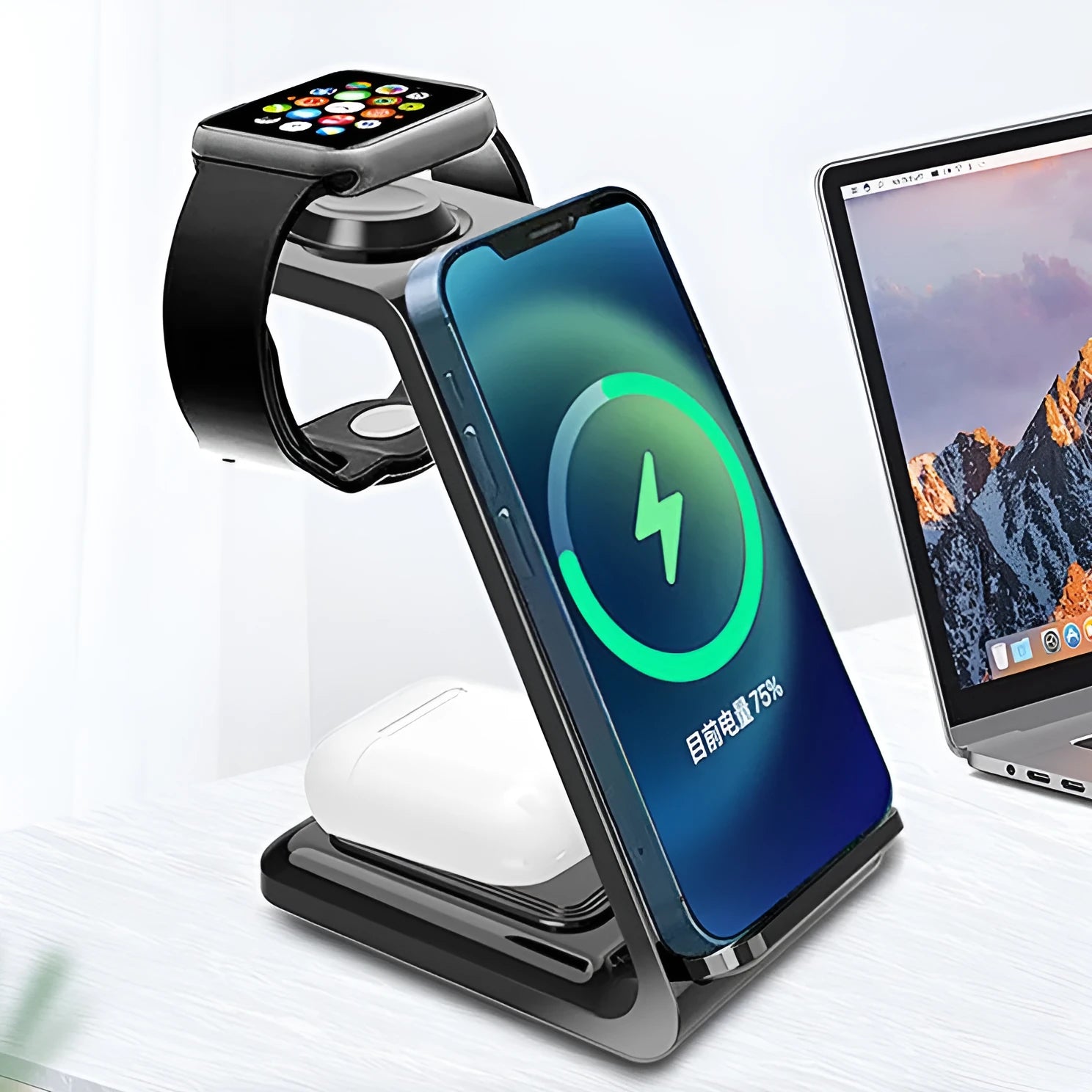 White 3-in-1 upright wireless phone charger with mobile device displayed at viewing angle