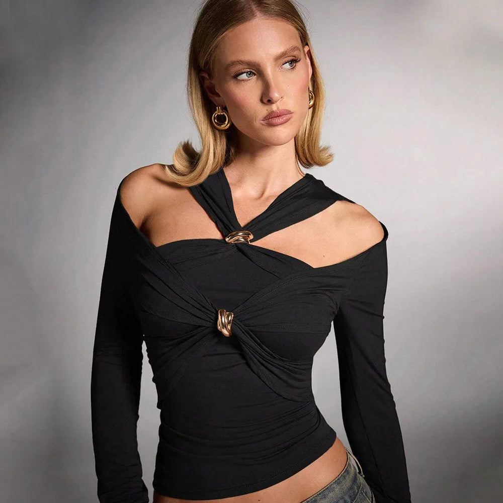 Black women's slim fit halter top with long sleeves and a strapless V-neck design.