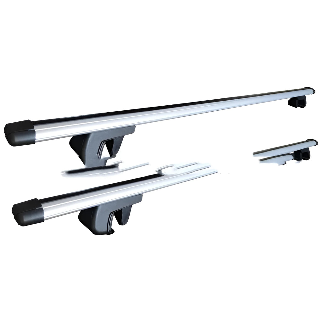 GM SUV alloy roof rack crossbar set showing adjustable length and mounting hardware.
