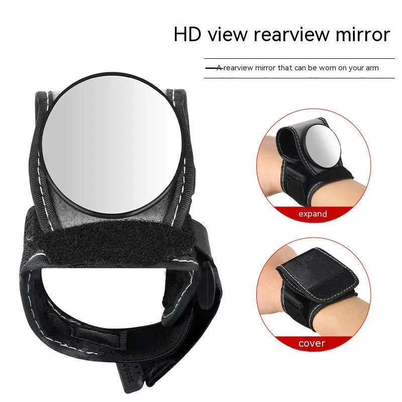 Black wrist-mounted bicycle rear-view mirror showing nylon construction and adjustable viewing angle