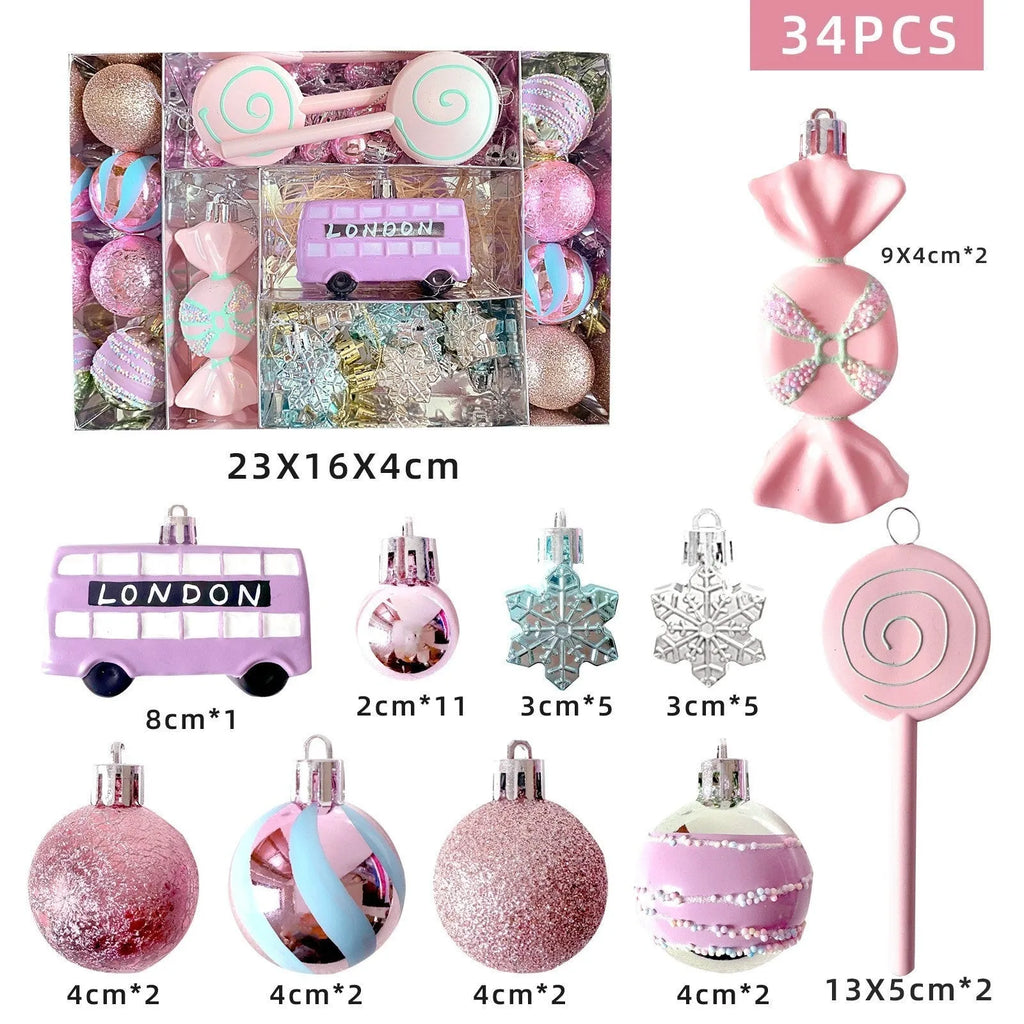 Macaron candy Christmas tree pendant set, plastic painted decoration in 34, 58 or 80 candy packs