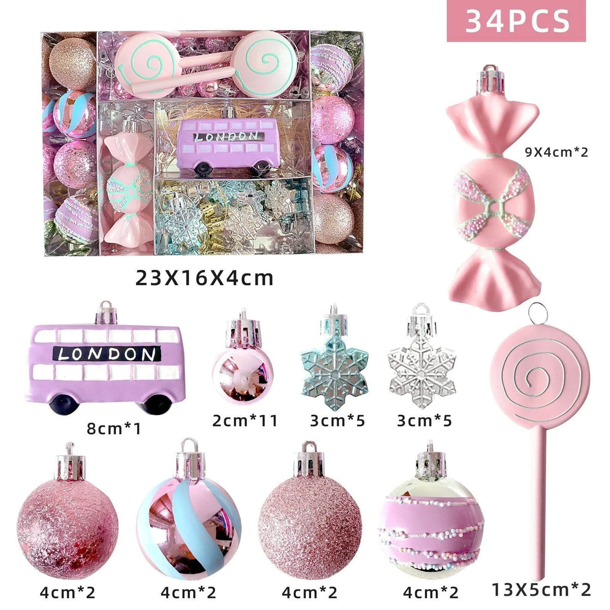 Macaron candy Christmas tree pendant set, plastic painted decoration in 34, 58 or 80 candy packs