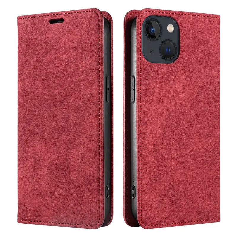 Magnetic flip phone case for iPhone in TPU and leather construction showing black colour option