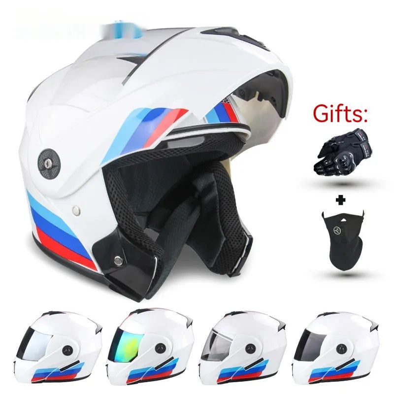 Electric motorcycle helmet with double lens exposed design, ABS plastic shell, available in S M L XL and six colours.