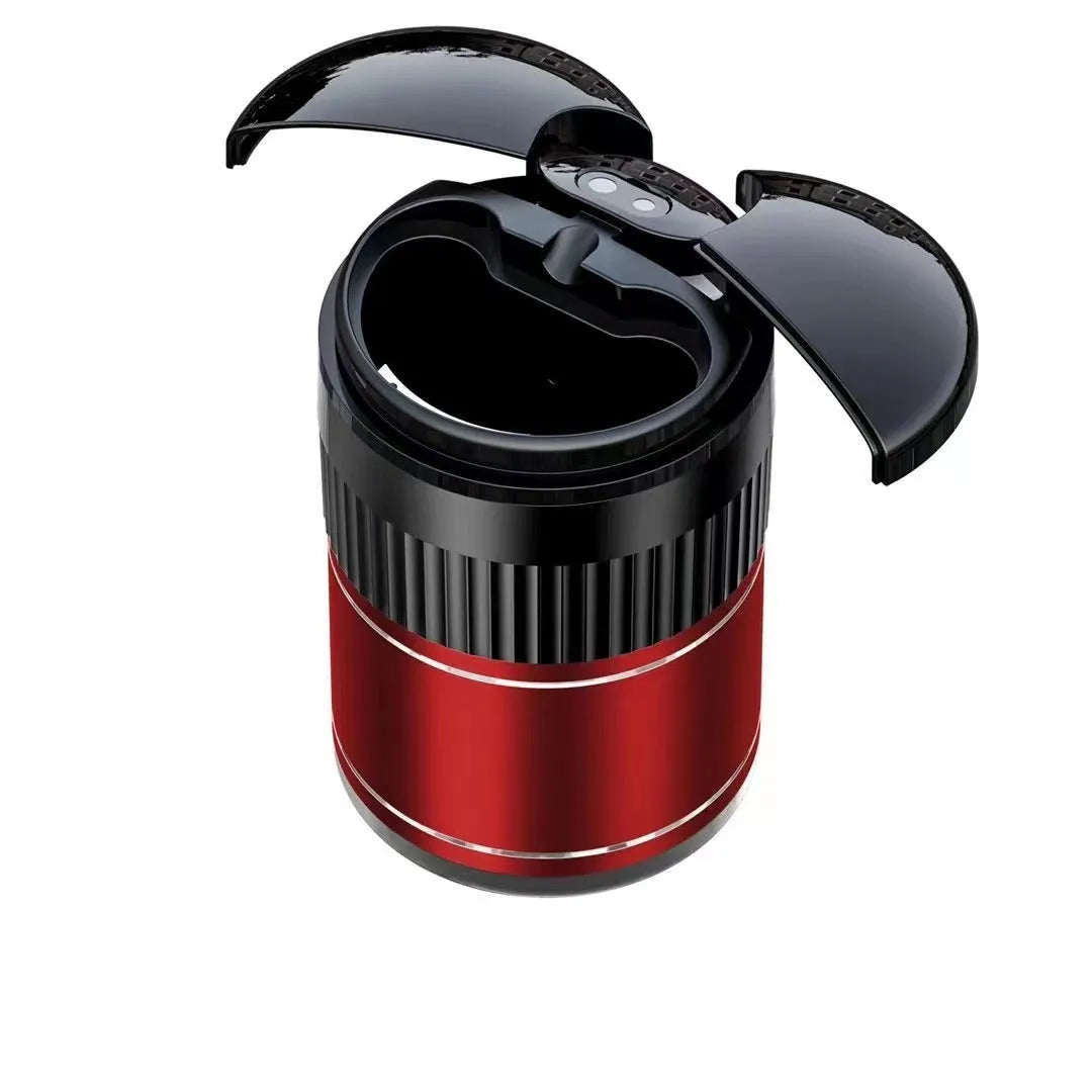 Automatic sensing metal smart ashtray with lid in black colour, showing compact 113mm x 72mm size