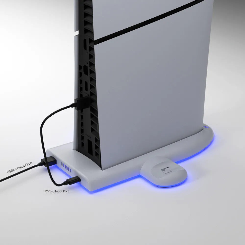 White PS5 slim cooling pad with RGB lighting and charging belt on 29cm ABS platform