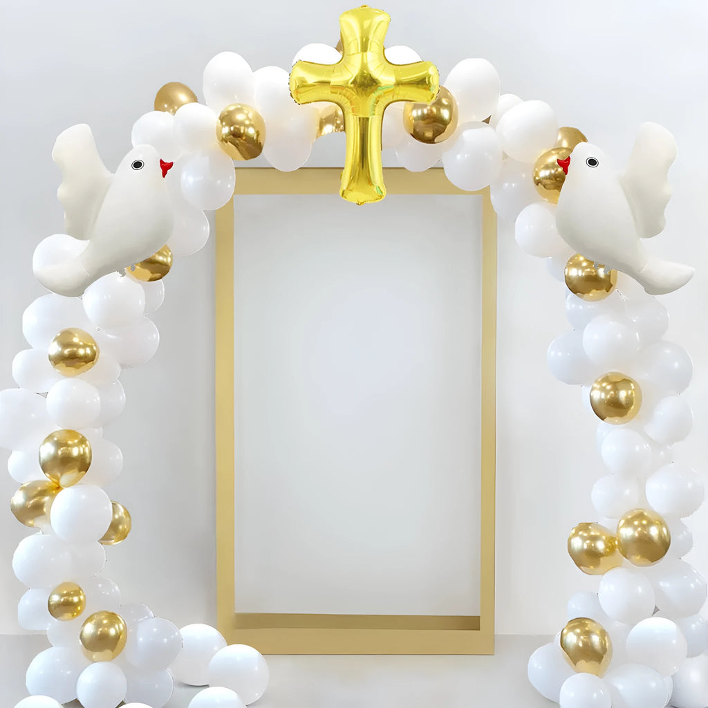 120PCs cross white dove balloon arch set with gold and white 10-inch balloons for birthday and wedding decoration