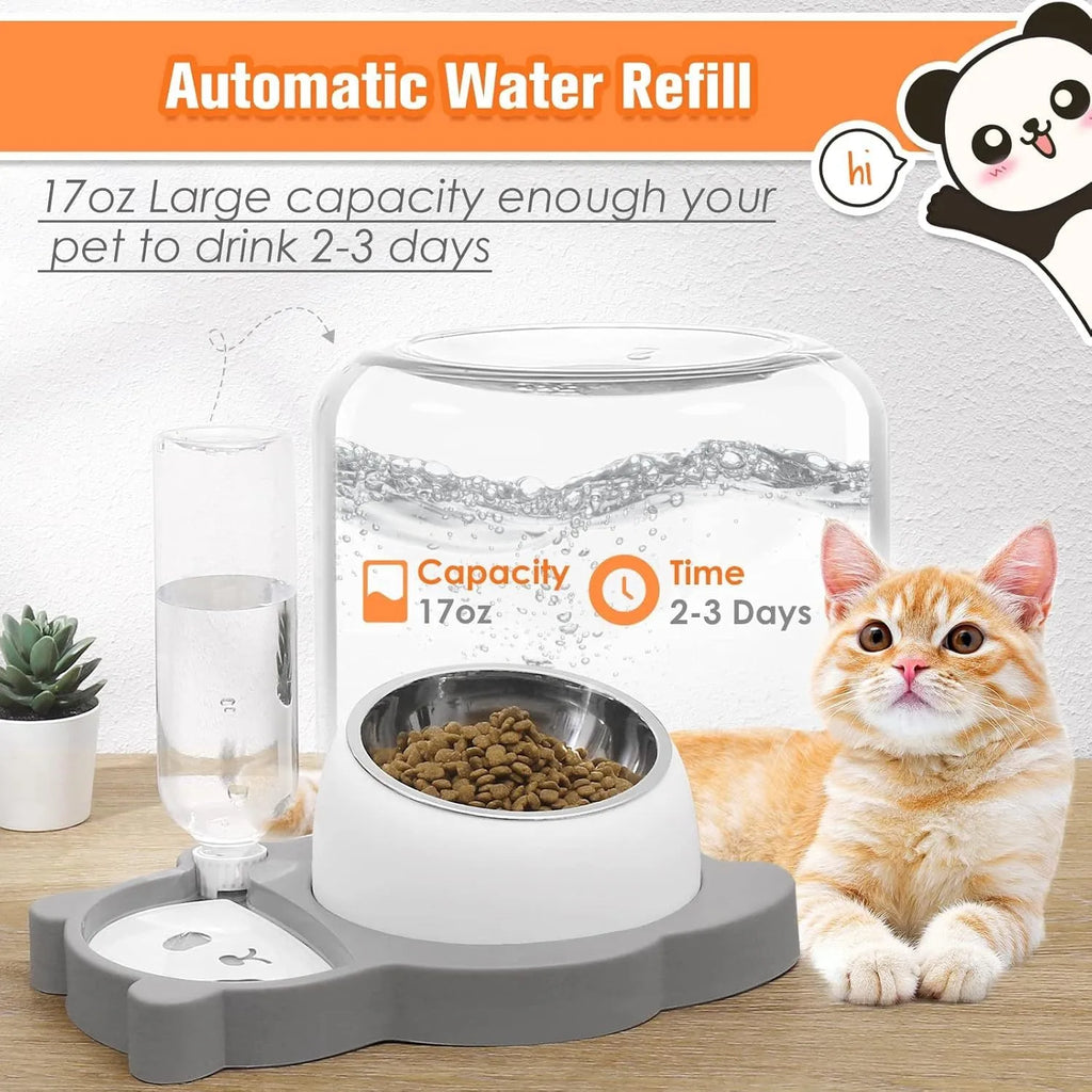 Panda-shaped elevated pet food and water bowl set with automatic dispenser bottle on stable base
