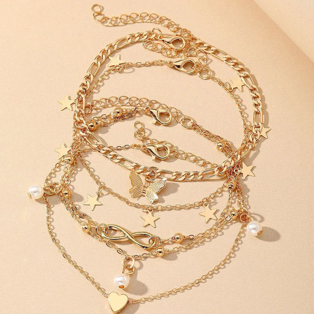 Women's butterfly pearl heart anklet 4-piece set in alloy with adjustable clasps