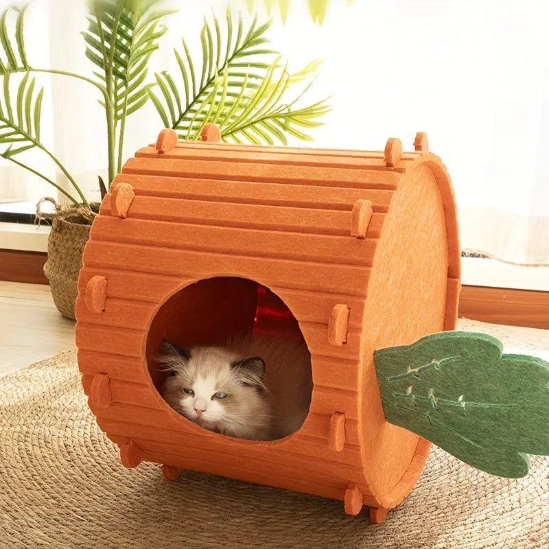 Natural felt semi-enclosed cat nest with drilled holes available in M and L sizes